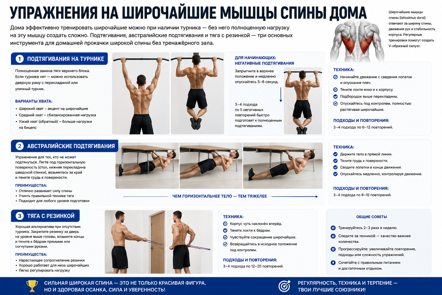 Упражнения на широчайшие мышцы спины дома