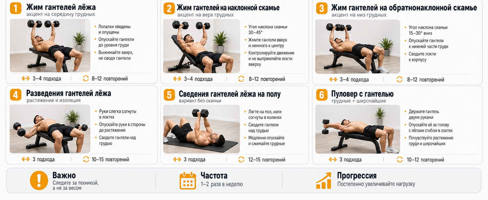 Упражнения с гантелями для груди