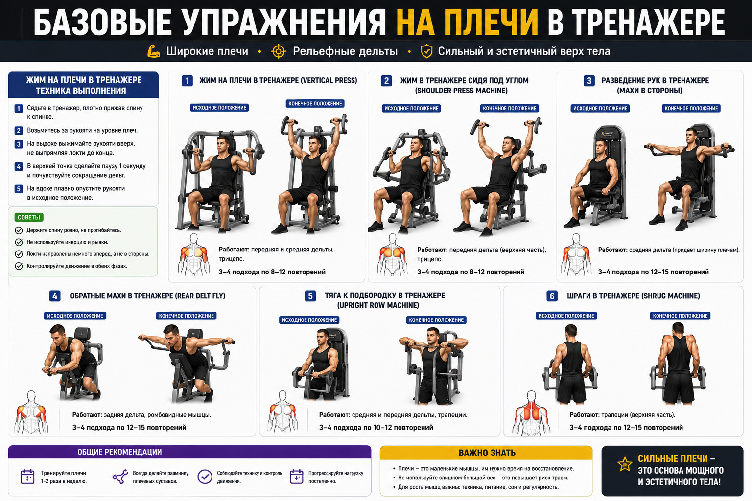 Базовые упражнения на плечи в тренажере 